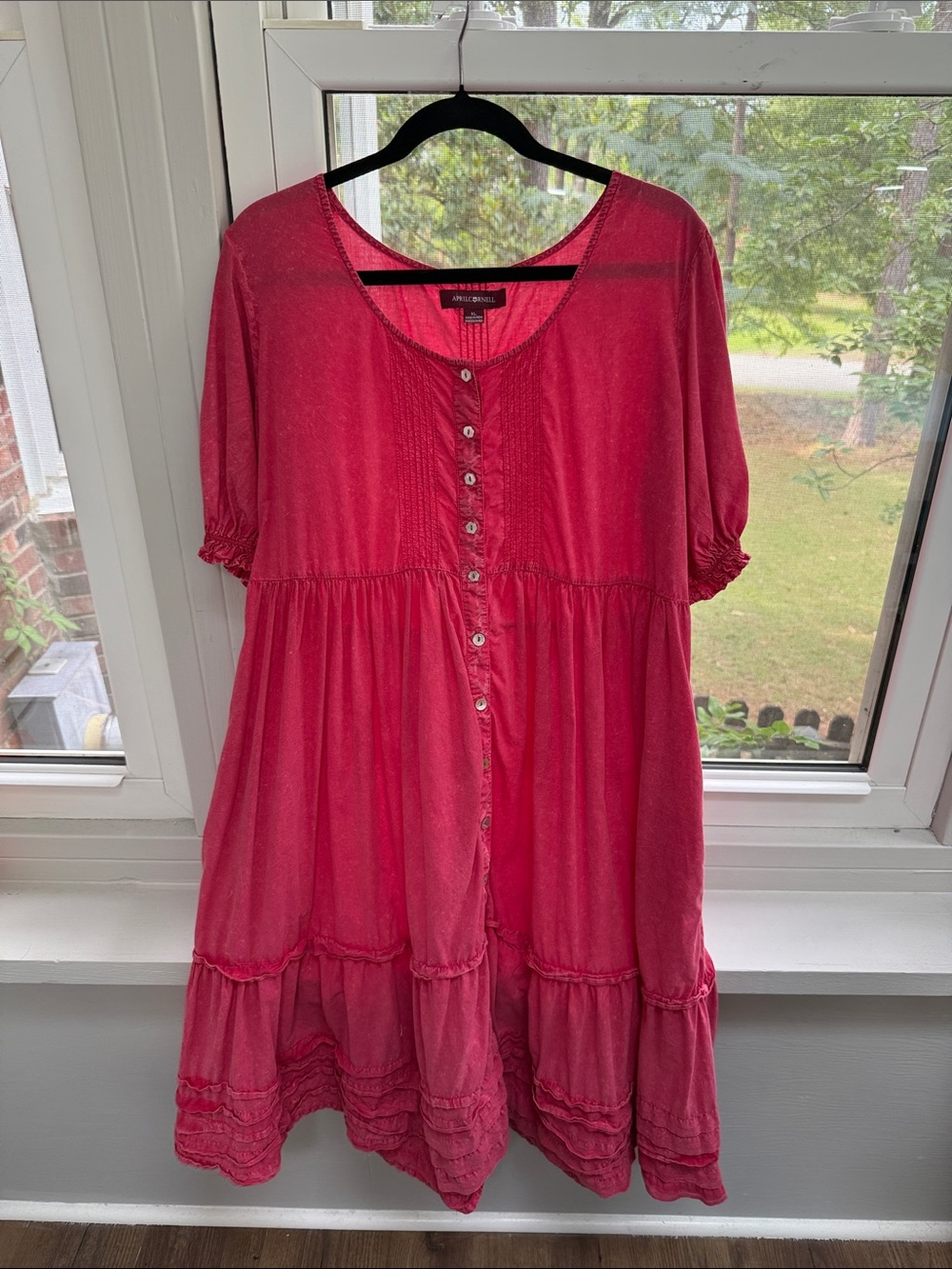 April Cornell Raspberry Pink Button-Front Tiered Babydoll Dress Sz XL